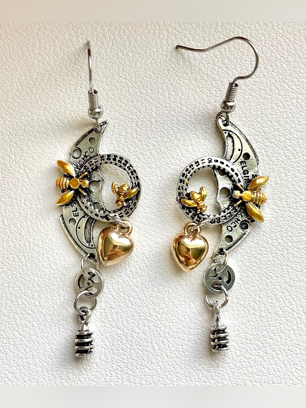 Mixed Metal Bee & Heart Drop Earrings - Two-Tone Silver and Gold